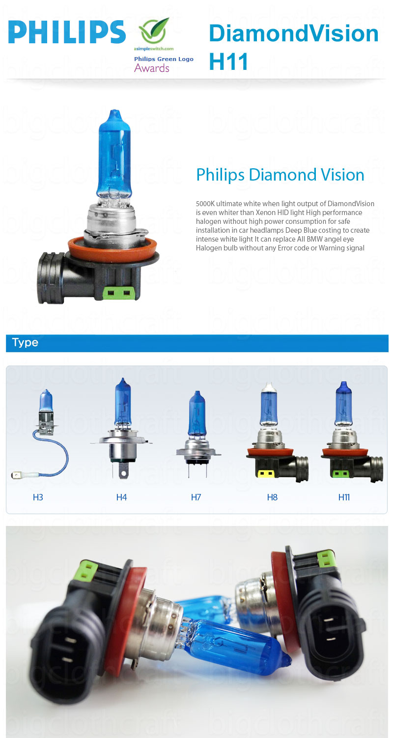 New Philips 5000K Diamond Vision H11 Xenon HID Look Head Light Bulbs Pair eBay