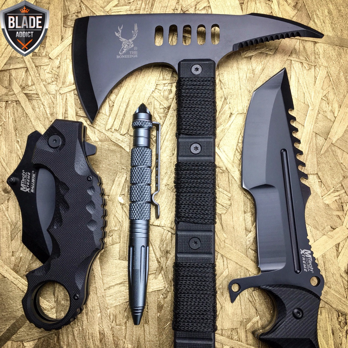 4PC Black Tactical Survival Hunting Combat Camping Pocket Knife Set Axe