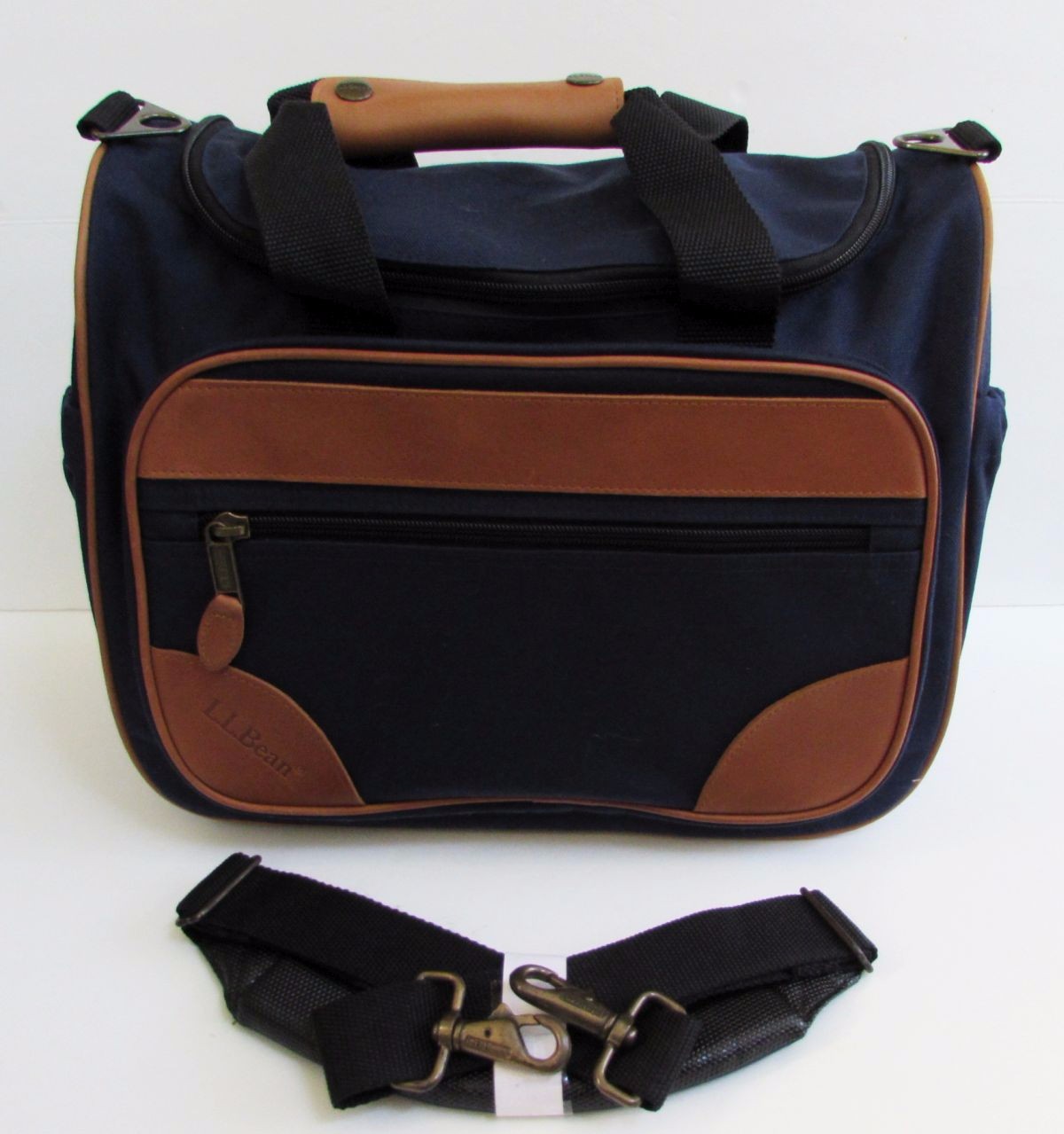 LL Bean Navy Blue & Leather Underseat Bag Carry On Laptop Luggage