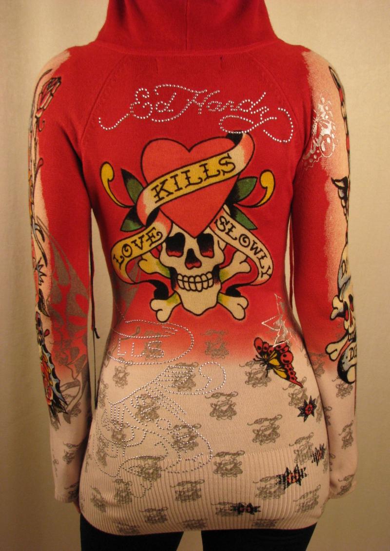 ED HARDY Cashmere Tch. LOVE KILLS SLOWLY Tunic Hoodie M