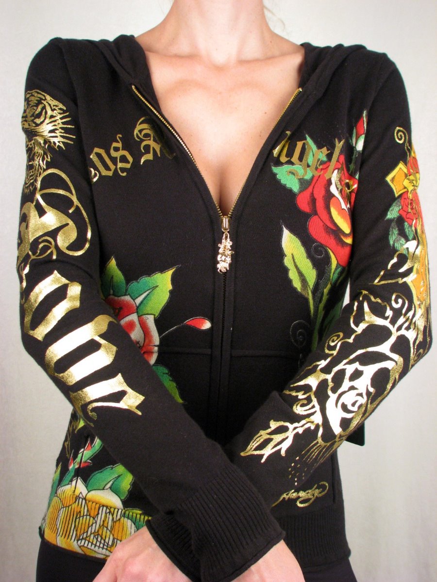 ED HARDY LA TIGER Black Gold FOIL Zip Hoodie Jacket XS