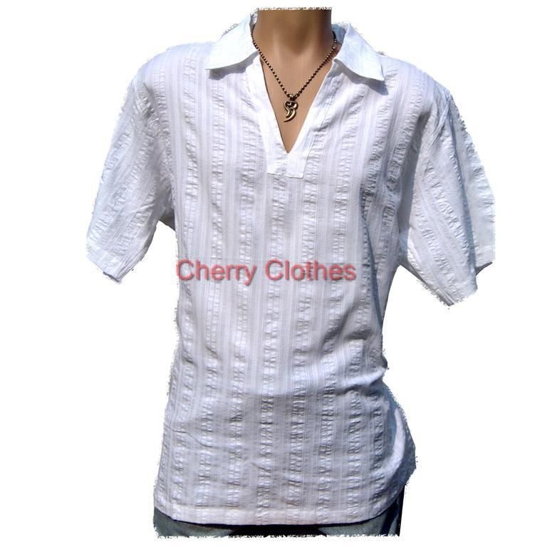 MENS WHITE COTTON TEXTURED KAFTAN SHIRT   MEDIUM M