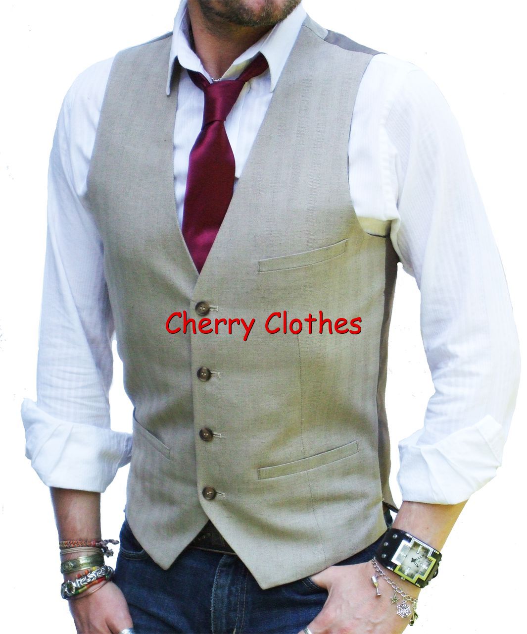 MENS SLIM FIT STONE WAISTCOAT BEIGE VEST LINEN BLEND ALL SIZES S M