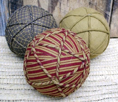 3 Large Primitive Homespun Fabric Decorative Balls Bowl Fillers