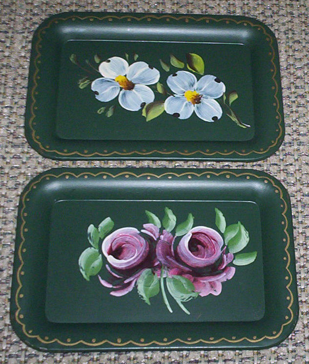 2 Tole Hand Painted Toleware Tip Trays