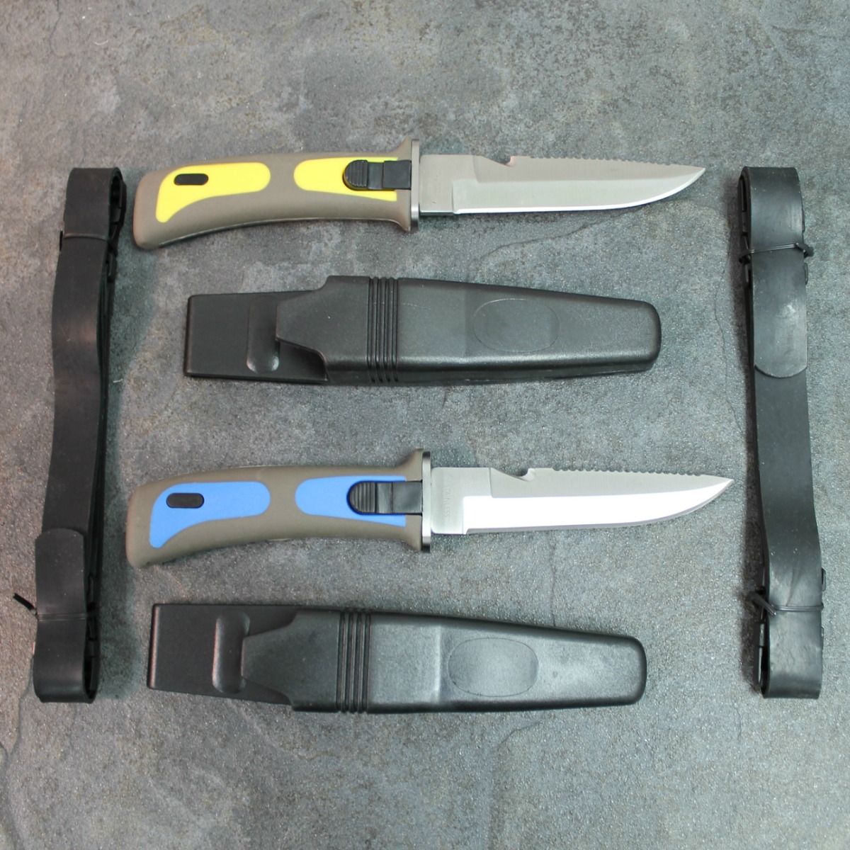 2 Divers Knife w/ Sheath Leg & Arm Straps Scuba Diving Yellow and Blue