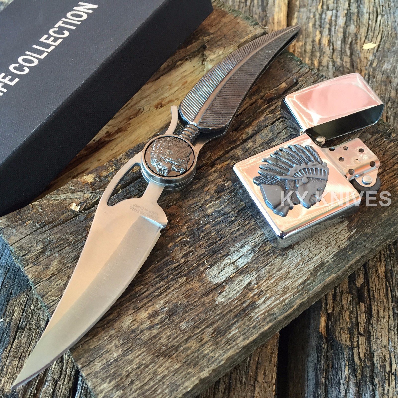 Indian & Feather Pocket Knife w/ Stainless Steel Blade w/ LIGHTER