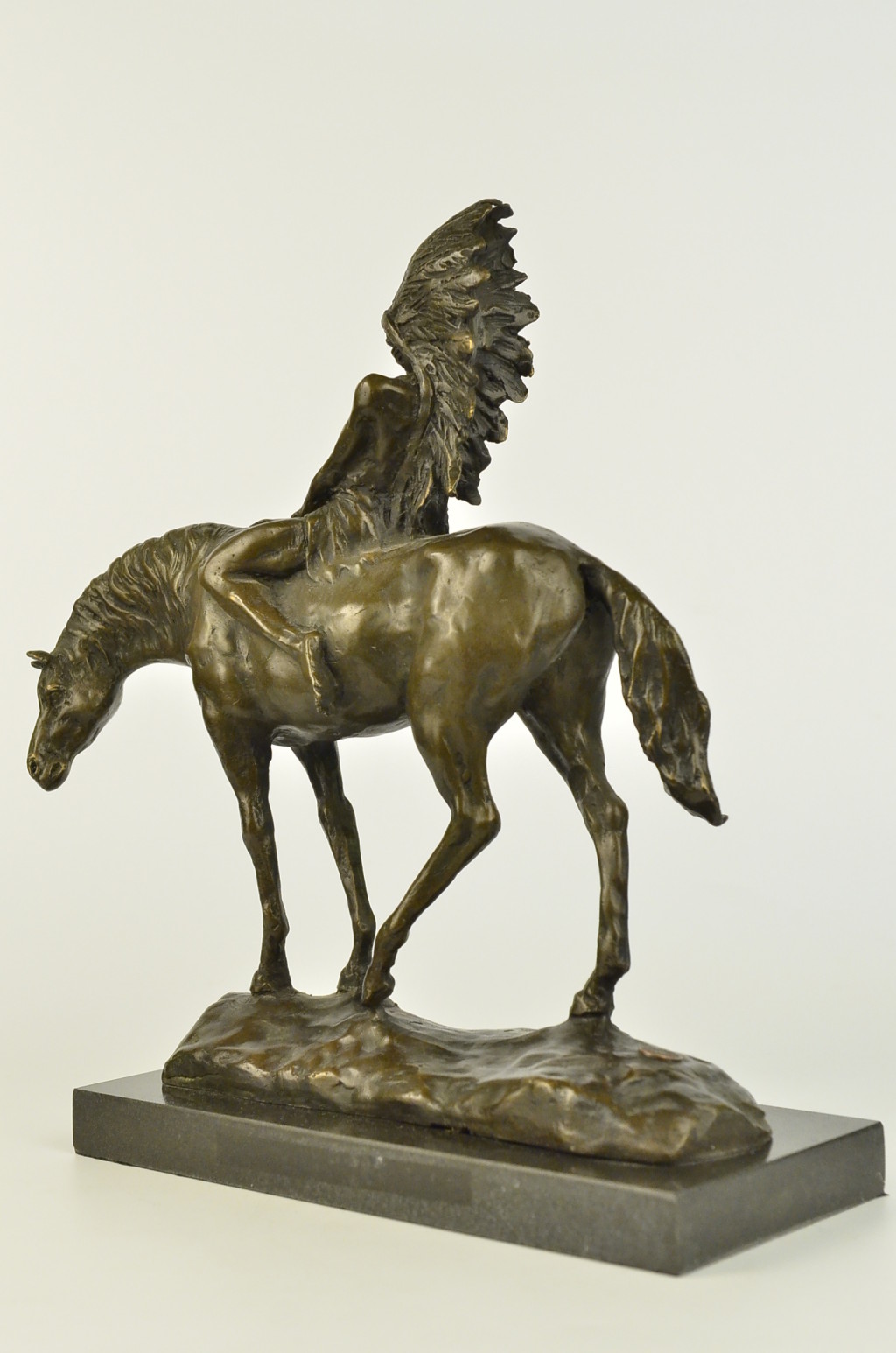 BRONZE MARBLE STATUE Native American Indian Chief Horse Sculpture Art