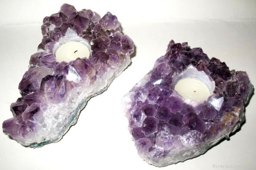 (2)- AMETHYST QUARTZ CRYSTAL CANDLE HOLDERS