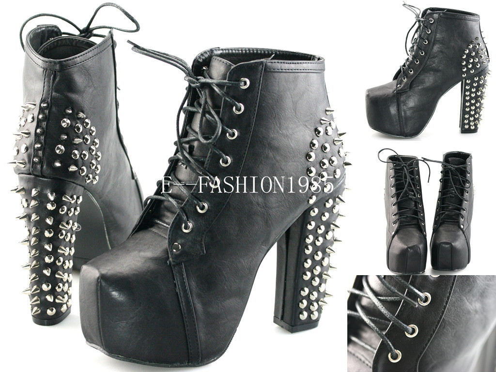 Womens Spike Studded Goth Punk Rock Platform High Heel Shoes Lace Up