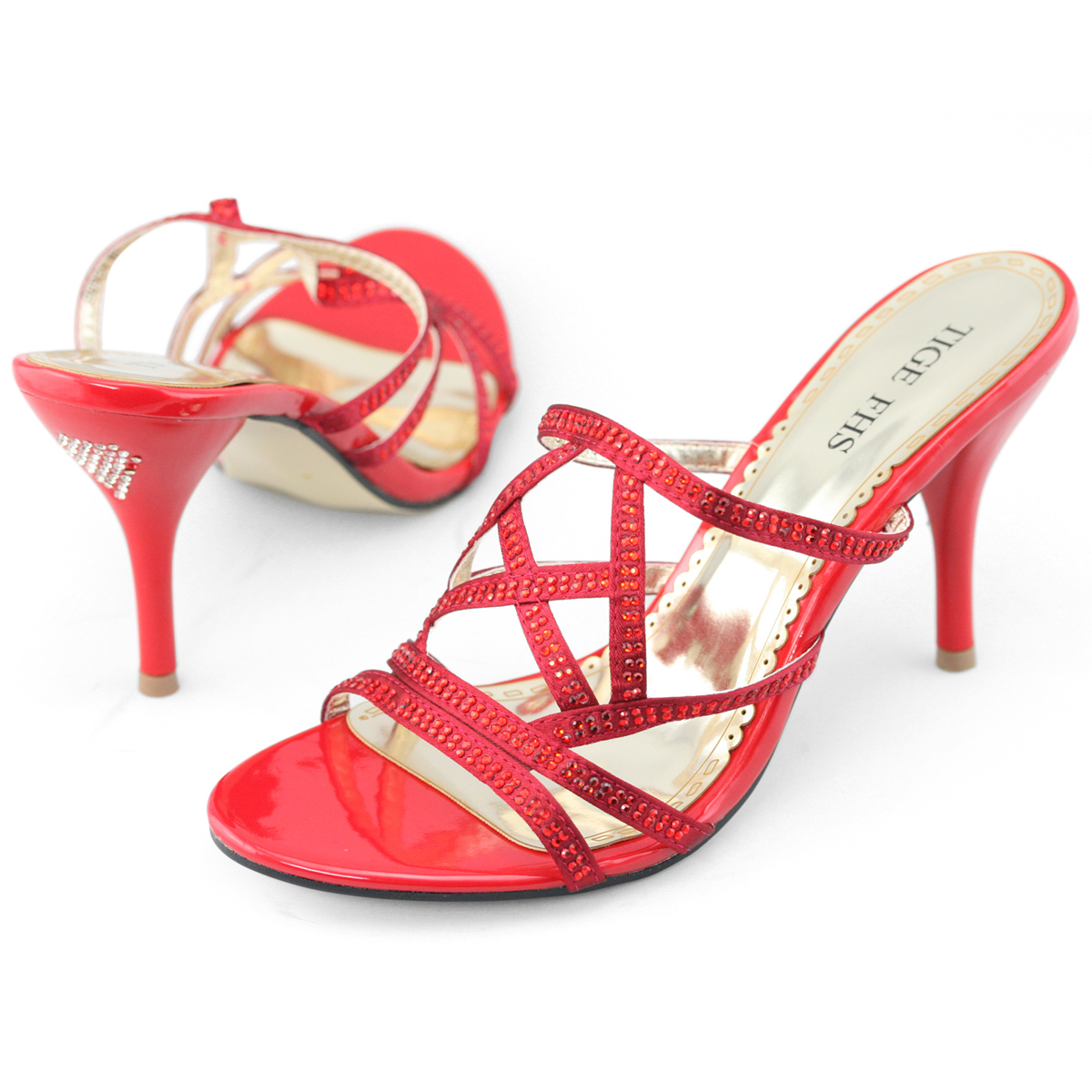 Ladies red crystal heel sandals mule stiletto strappy evening party