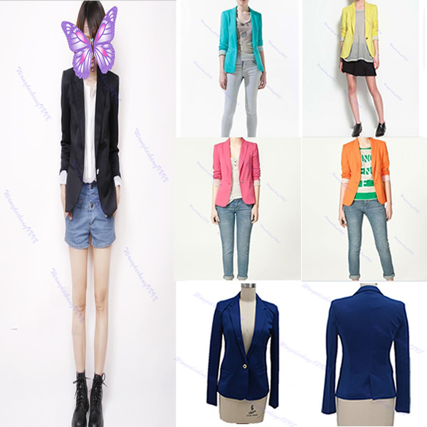 Lady Womens Candy Colors One Button Suits Tunic Foldable Sleeve Blazer Jacket