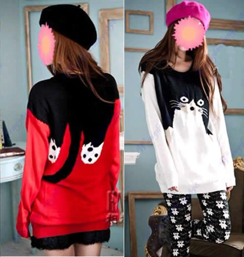 Women-Girls-Loose-Casual-Cat-Pattern-Round-Neck-Long-Sleeve-Knitted-Sweater-Hot