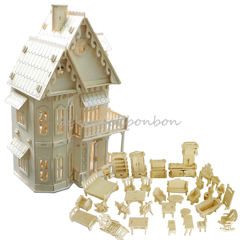Holz Puppenhaus Zum Aufklappen ~ Holz Puppenhaus Bausatz Puppenstube + 34er Möbel Einrichtung Zubehör Holz Puppenhaus Zum Aufklappen ~ Holz Puppenhaus Bausatz Puppenstube + 34er Möbel Einrichtung Zubehör