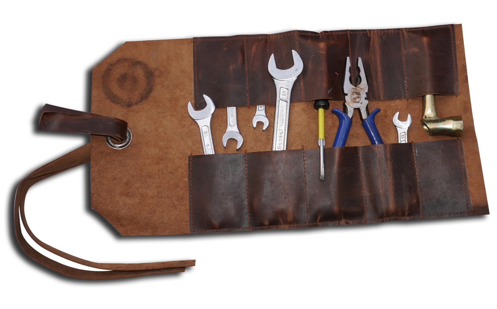 Vintage Brown Leather Tool Roll Up Pouch Wrench Roll Chisel Bag Vespa Engraved
