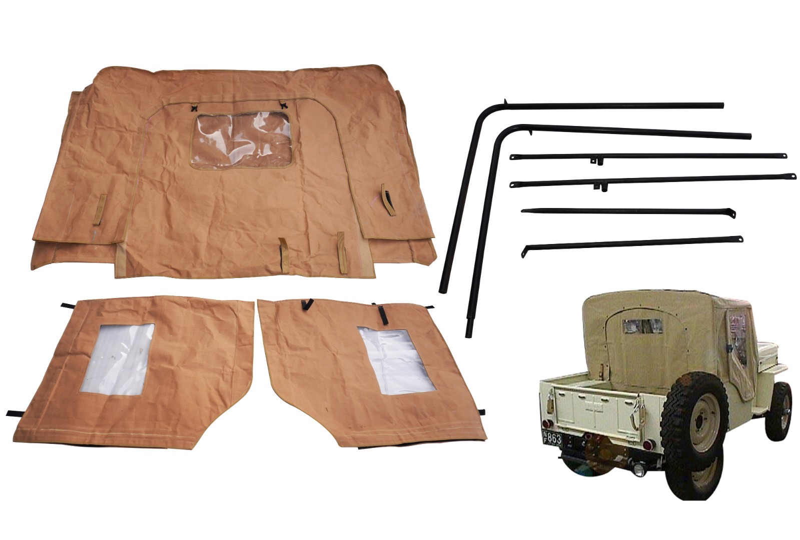 Canvas Half Cabin Soft Top Tan Color With Frame For Willys Jeeps CJ2A CJ3A
