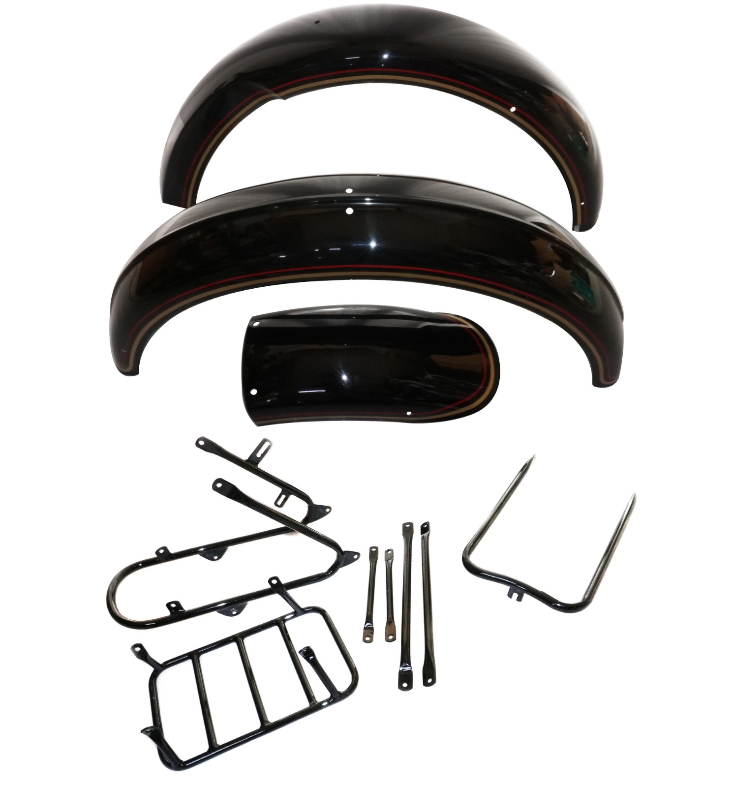 Mudguard Fender Set With Stays Kit Black With Golden & Red Strips For Norton 16H