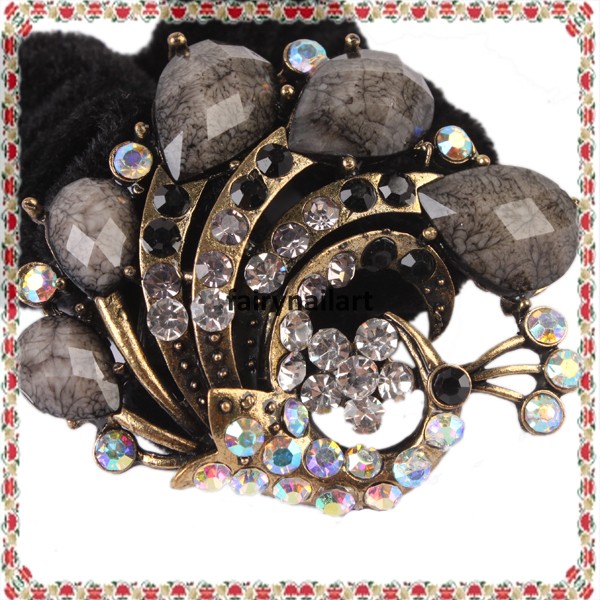 Grey-Rhinestone-Tweed-Peacock-Circlet-Ponytailer-Hair-Band-Tie-Cord-Pony-Tailer