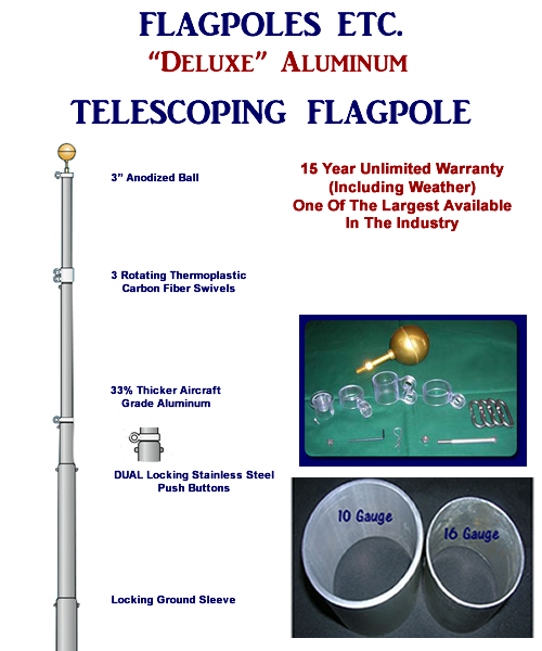 16' Telescoping Flagpole Deluxe Flag Pole 10 Gauge Aluminum Made In The