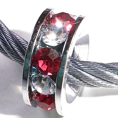 European Bead Charm w Red and Clear White Crystal