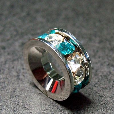 European Bead Charm w Blue and Clear White Crystal