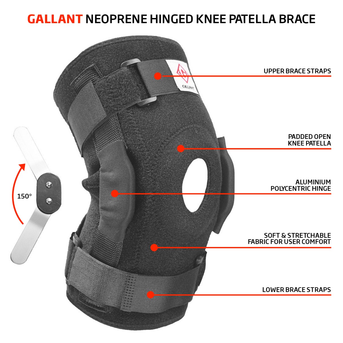 Gallant Neoprene Hinged Knee Brace Patella Support Stabilizing Strap