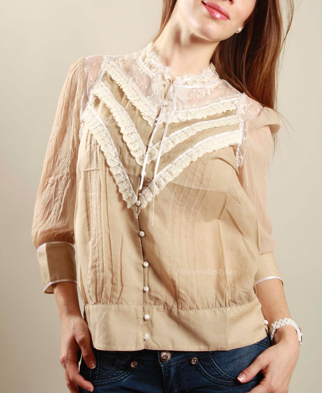 Romantic Lace Chiffon Semi Sheer Evening Victorian Long Slv Top Blouse Shirt eBay