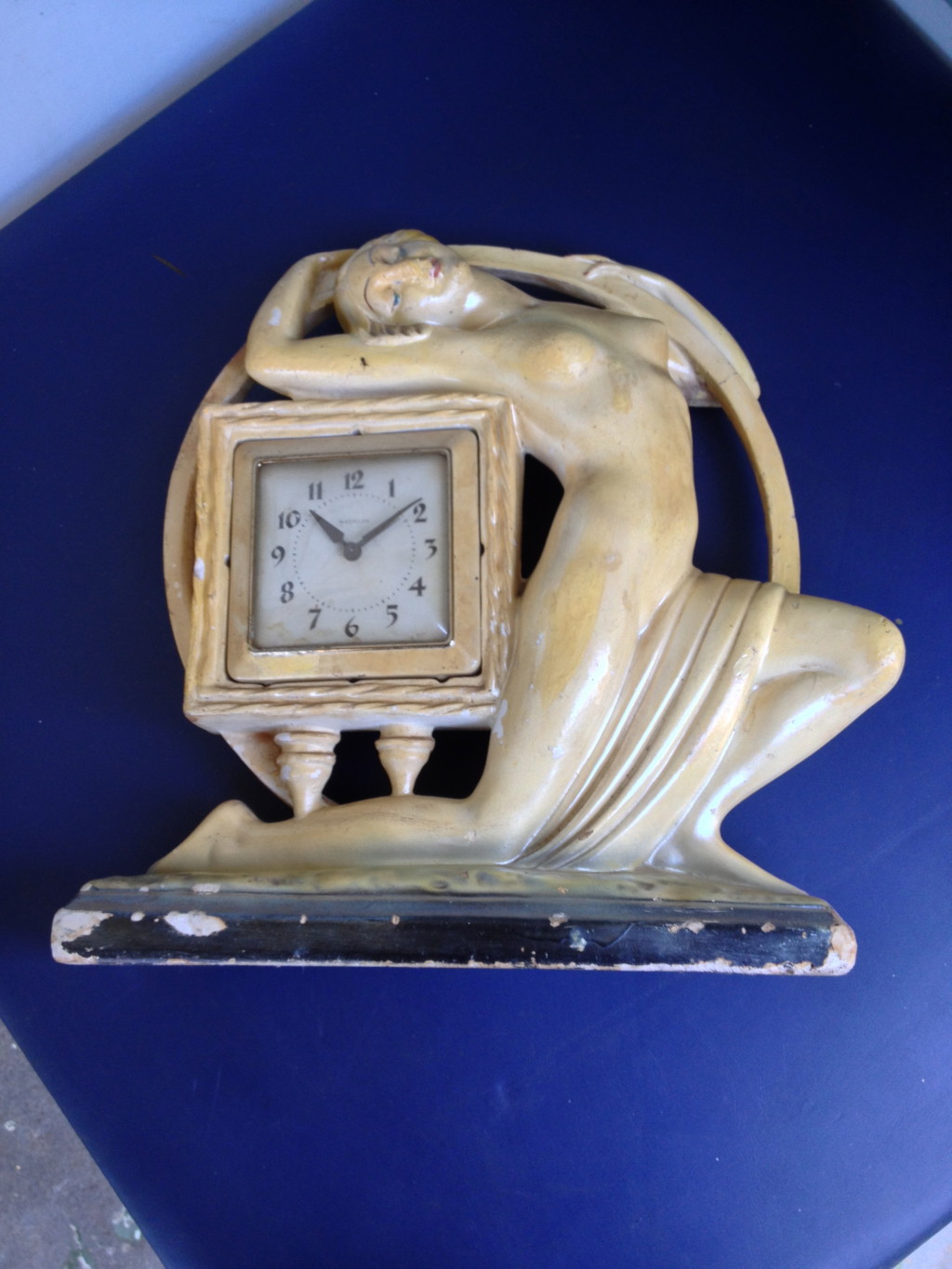 ART DECO LADY MANTLE CLOCK STATUE PLASTER 'CHALK LUSTREWARE OUTSTANDING