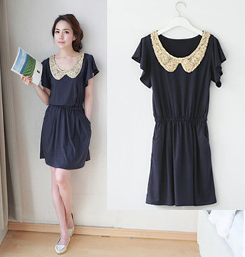 Japan Korean Women Summer New Charming Short-sleeve  Lace Tunic Dress Top 
