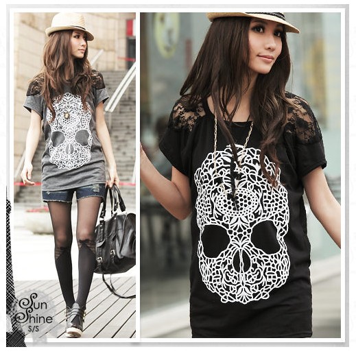 Korean Girl's Skull Prints Lace Sleeve Blouses Cool Tops Women's Loose T-Shirt