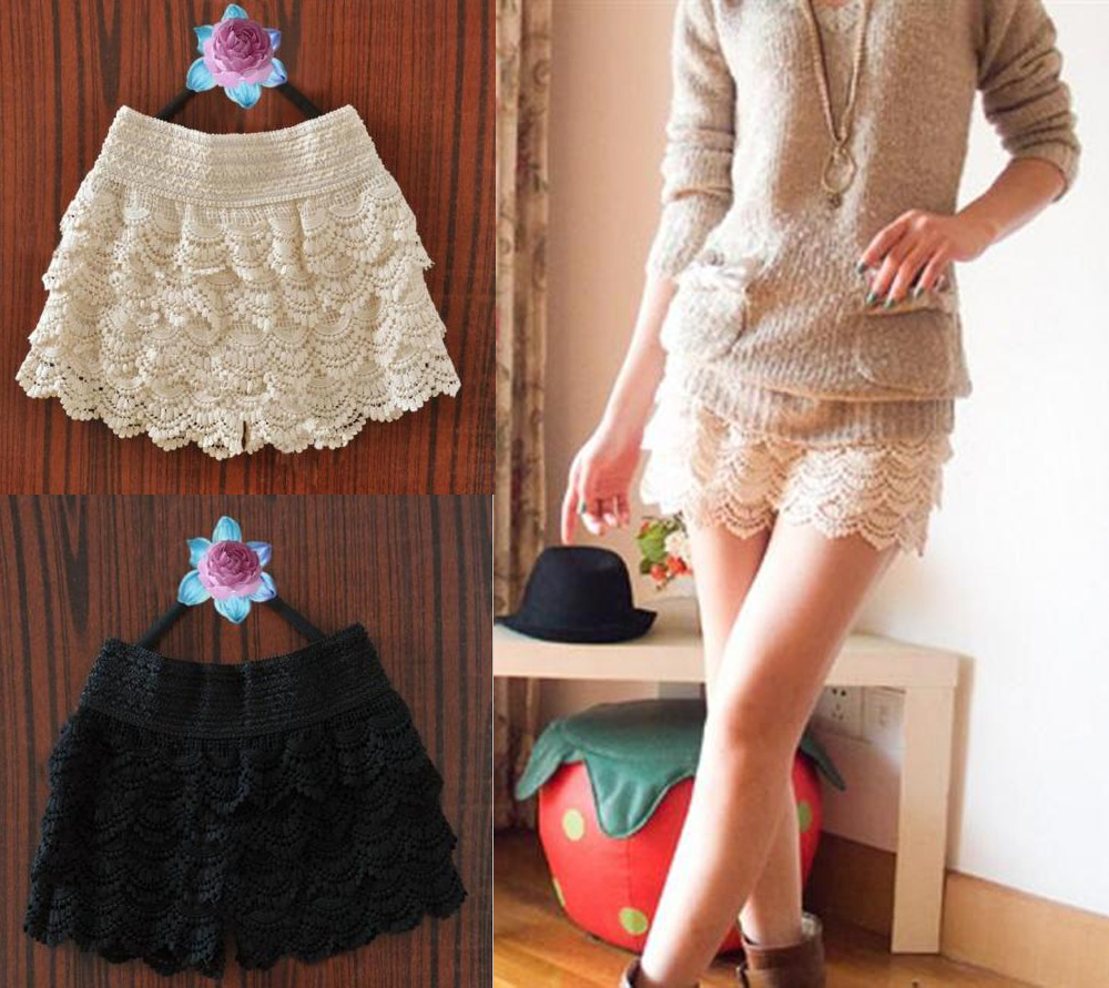 New-Women-039-s-Fashion-Lace-Tiered-Mini-Skirt-Under-Safety-Pants-Beige-Black-Shorts