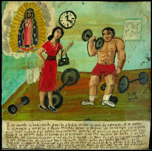 Mexican Exvoto  retablo Addict to the bodybuilding