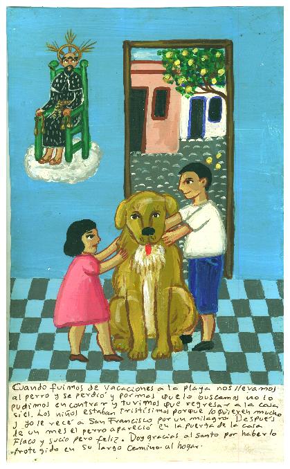Mexican Exvoto retablo Dog Coming Back Home