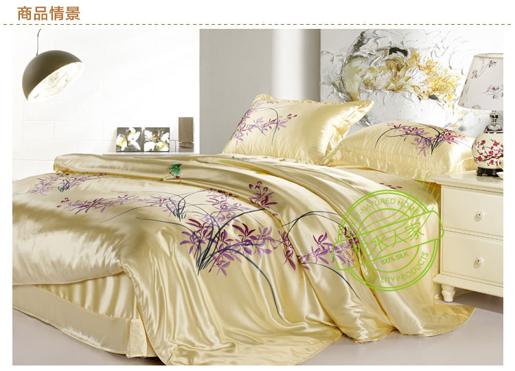 16.5m/m seamless plain pure charmeuse floral hand drawing silk 4pc duvet cover sets  A1209