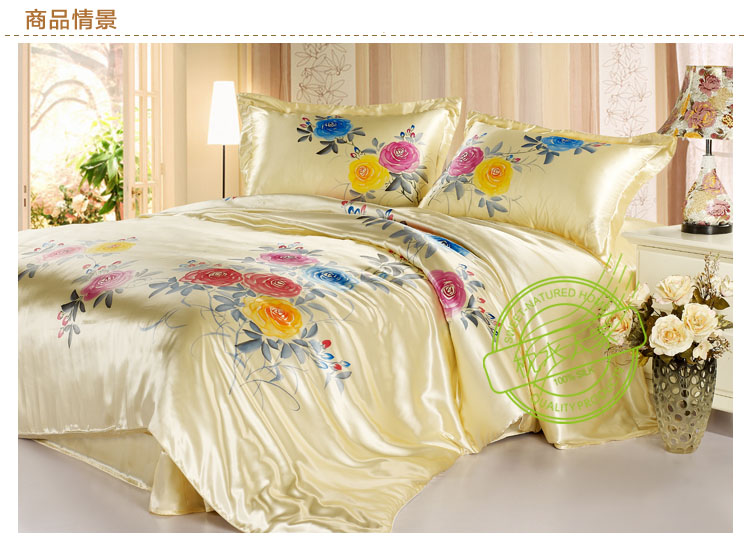 16.5m/m seamless plain pure charmeuse floral hand drawing silk  4pc duvet cover sets   A1210