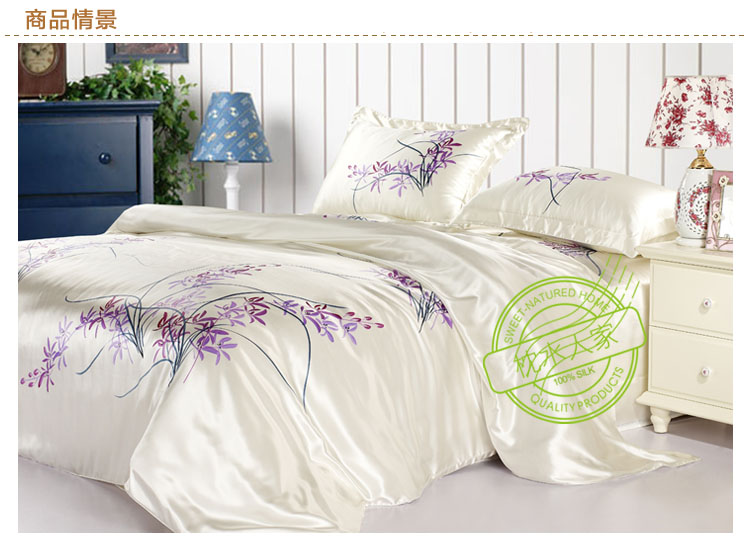 16.5m/m seamless plain pure charmeuse floral hand drawing silk 4pc duvet cover sets   A1211