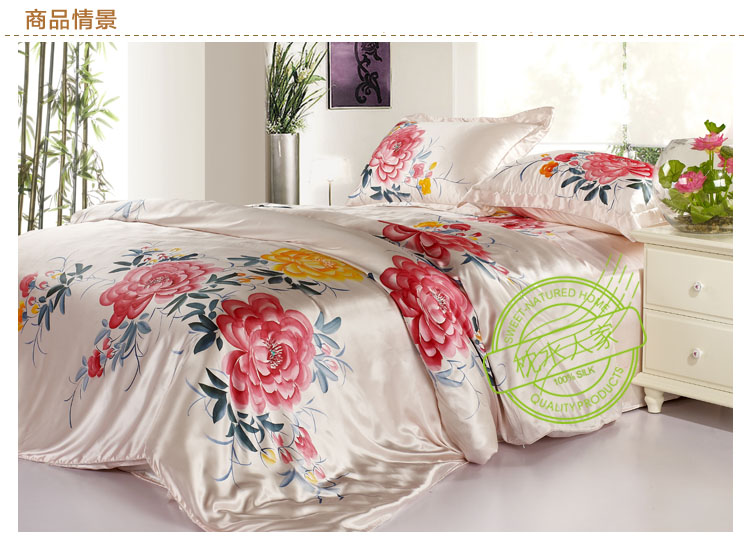 16.5m/m seamless plain pure charmeuse floral   hand drawing silk  4pc duvet cover sets A1214