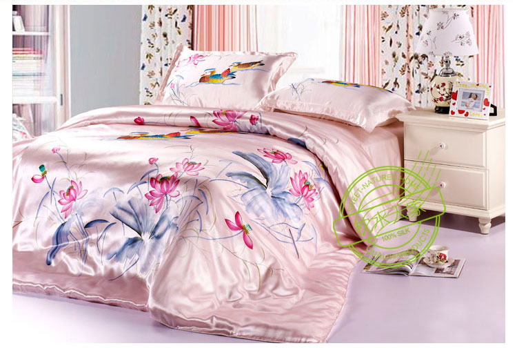 16MM seamless plain pure charmeuse floral hand drawing silk 4pc duvet cover sets A1218