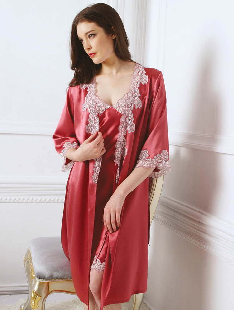 Women Heavy Weight Silk Sleepwear W/ Embroidery Robe/Gown 2Pcs Set 9051