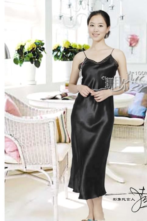 pure silk women black nightgown sleepwear nightes