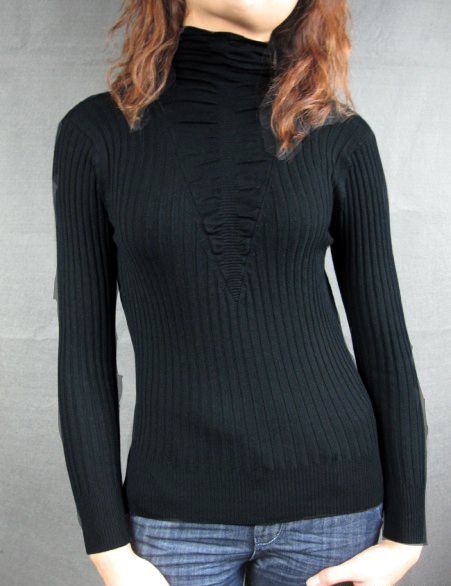 Silk Cashmere Ribbed Women\' Turtle Neck  Black Sweater