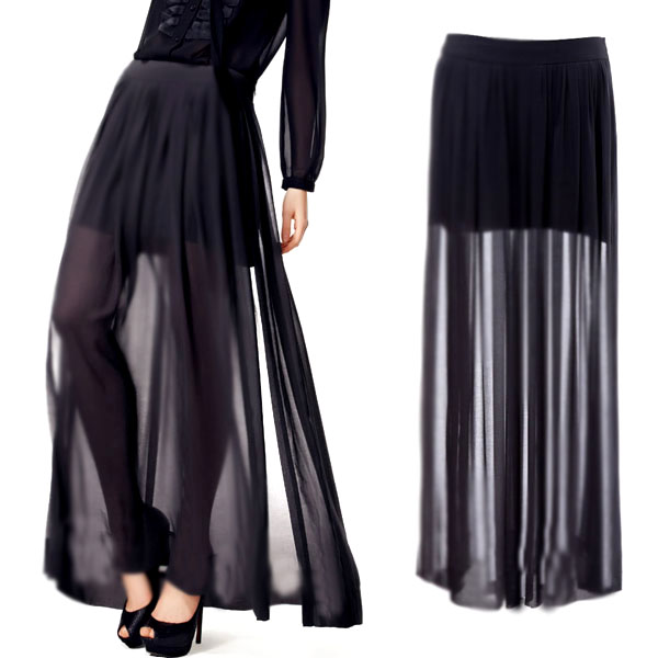 Girl Chiffon See Through Skirt Sheer Side Split Black Maxi Long Skirts Hot Sell