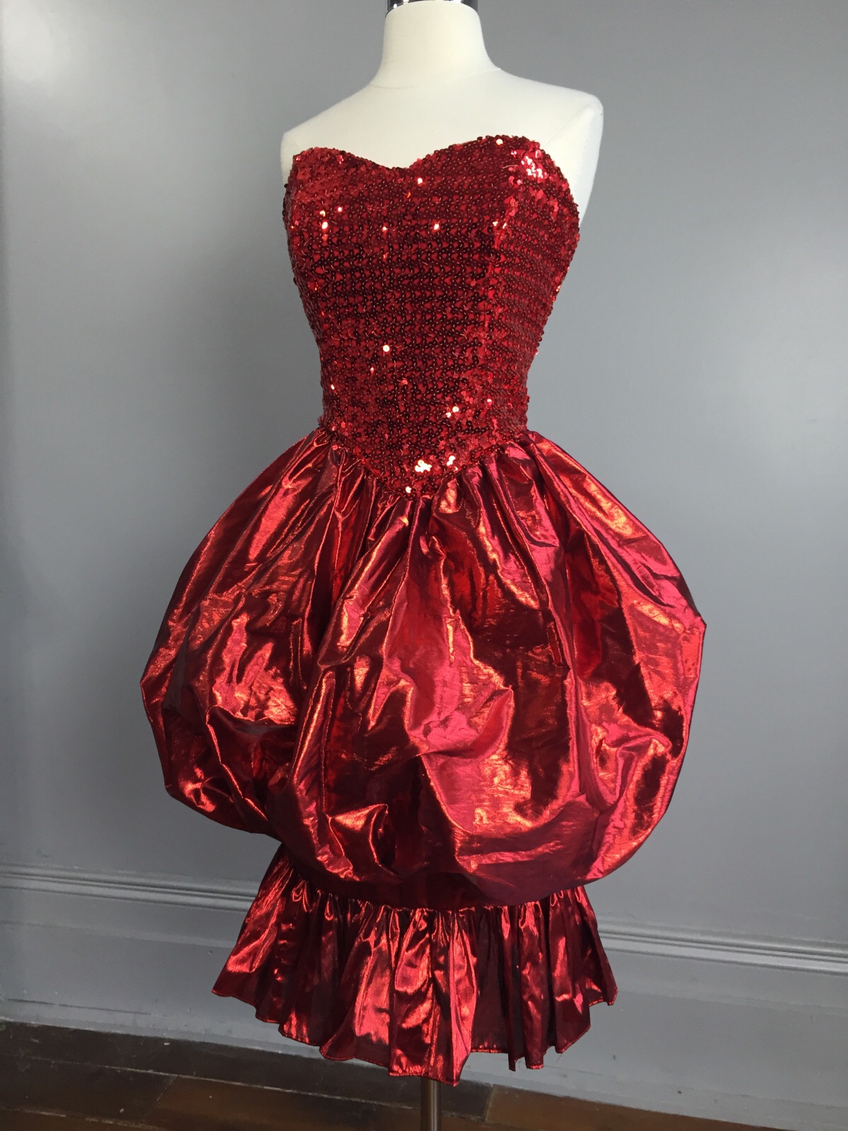vtg 80s Red Loralie Sequin + Metallic STRAPLESS PROM DRESS Bubble Avant