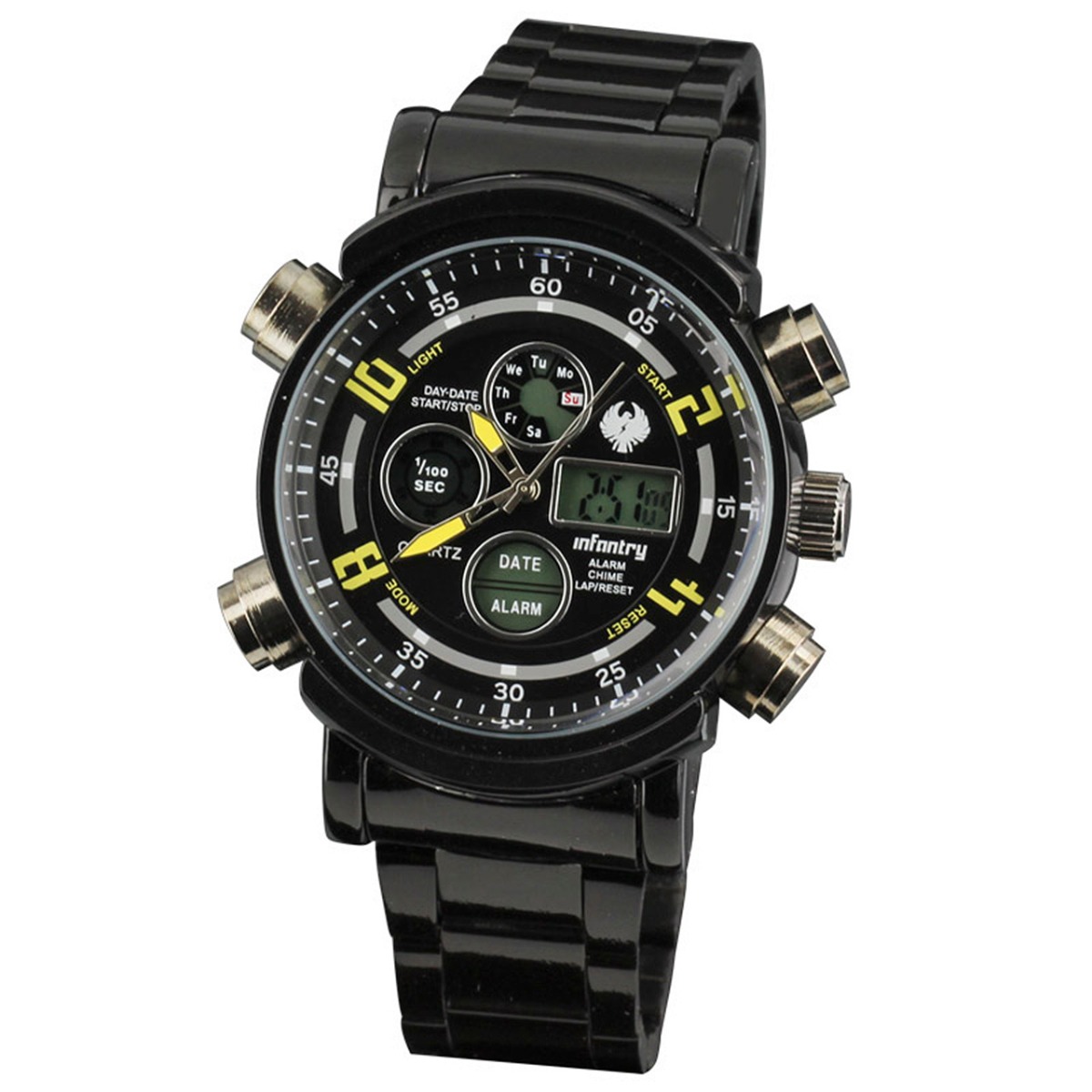 INFANTRY Digital Quartz Mens Wrist Watch Black Steel Sport Chrono Alarm Date Day