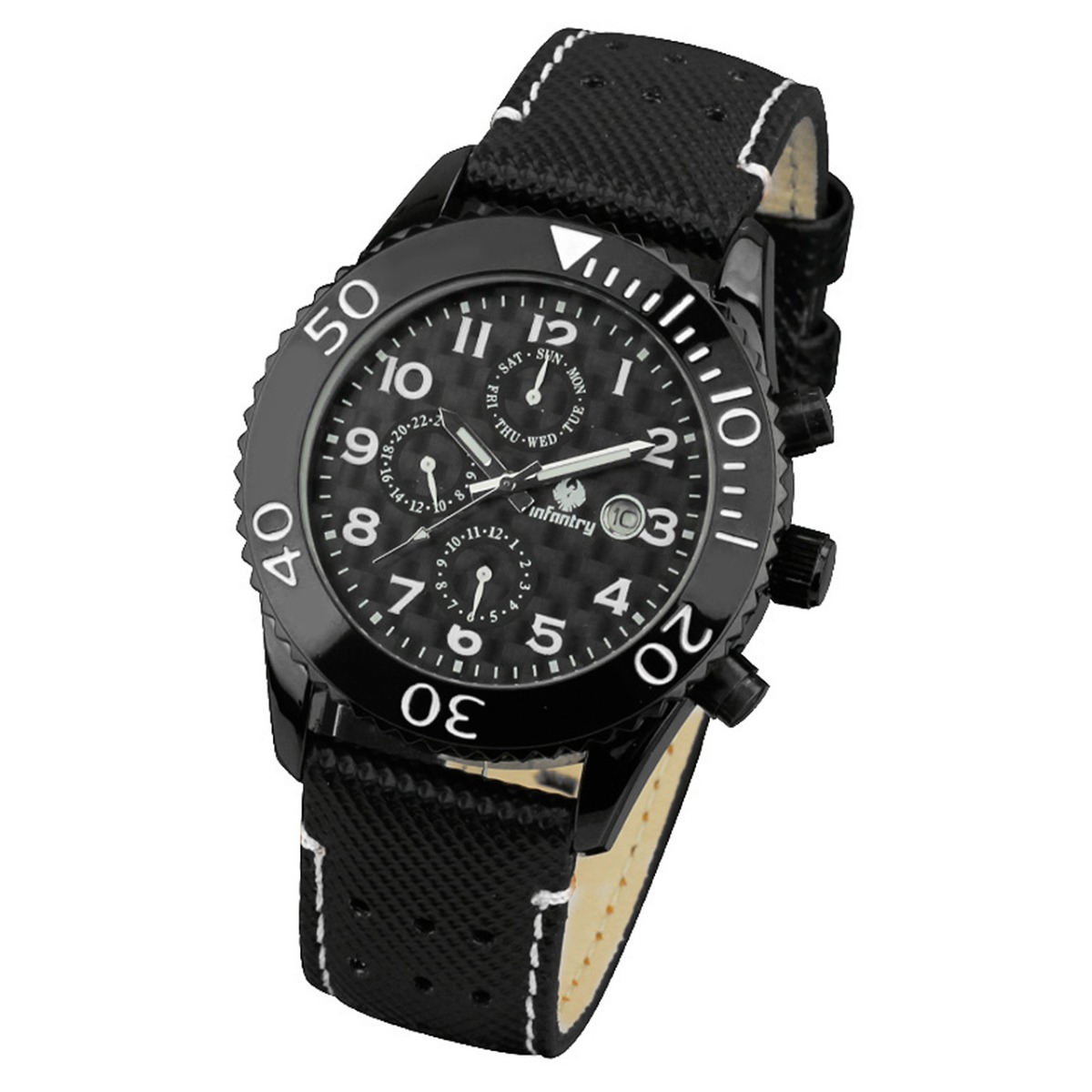 INFANTRY Carbon Fiber Quartz 6 Hand Sport Mens Watch Day Date 24Hr Black Leather