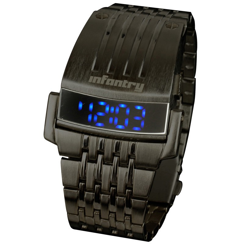 INFANTRY Digital Blue LED Light Date Sport Men Wrist Watch Black Stainless Steel