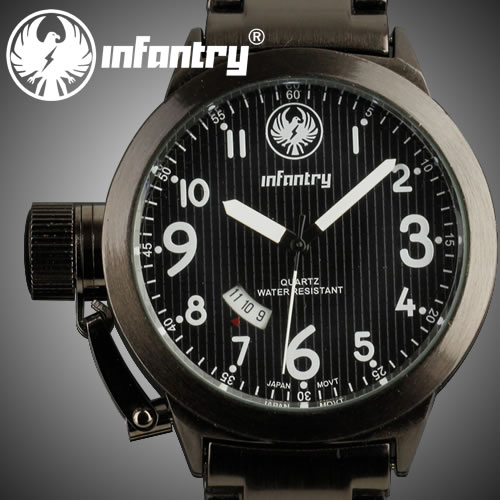 INFANTRY MILITARY SPORT DATE ANALOG ARMY MEN'S WRIST WATCH BLACK STAINLESS STEEL