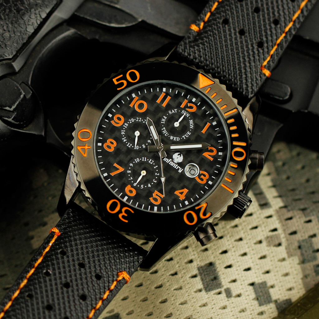 INFANTRY Luxury Sport Quartz Mens Wrist Watch Day Date 24Hrs Month Black Leather