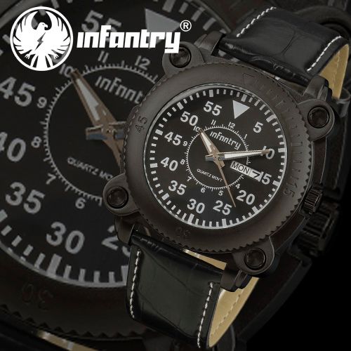 INFANTRY DAY & DATE QUARTZ SPORT ARMY MILITARY MENS WRIST WATCH BLACK LEATHER US