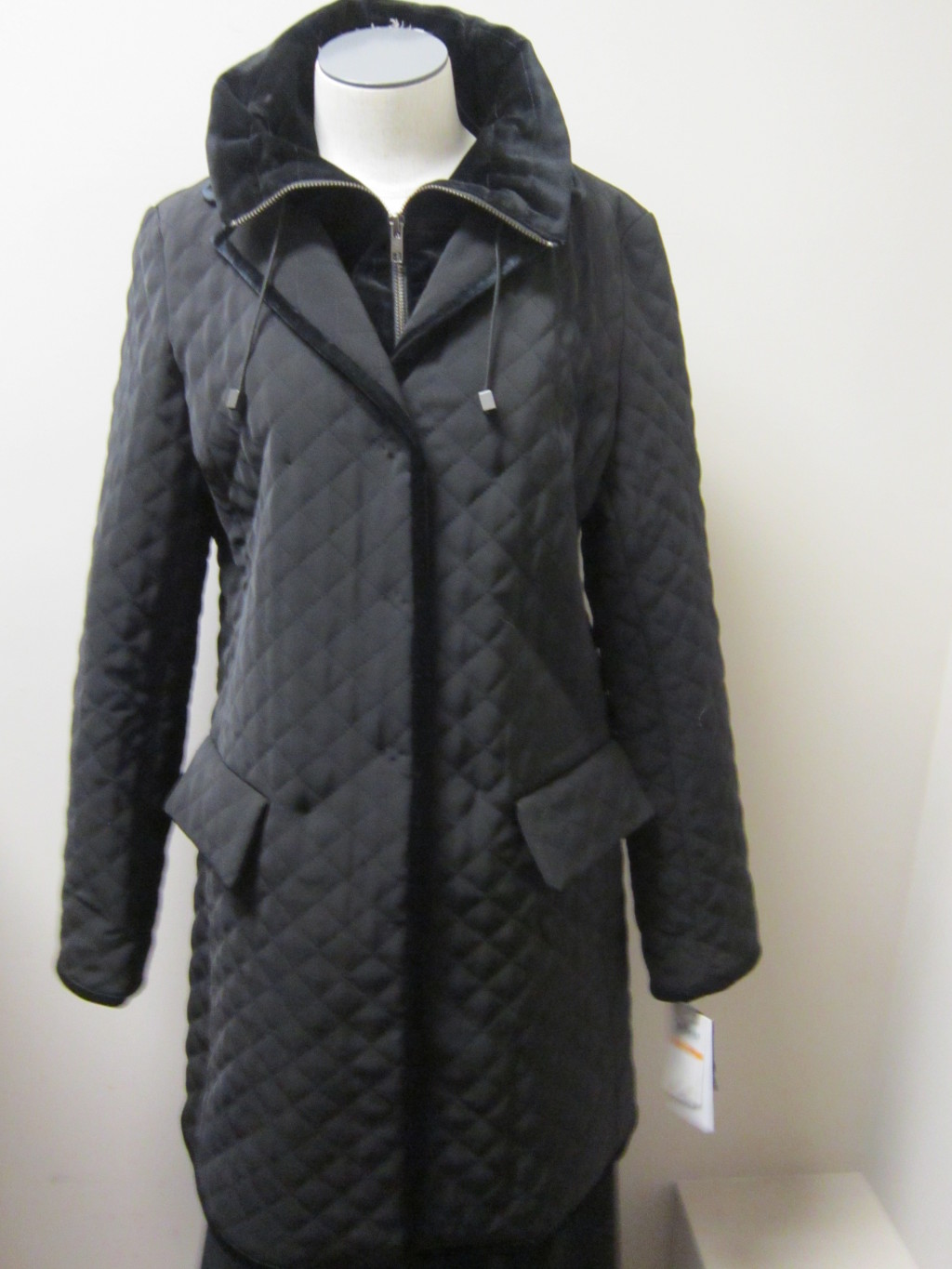 Jane Post Velvet Trim Quilted Coat Black NWT 395